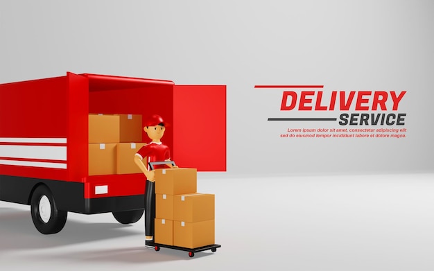 3d cartoon delivery service courier ready to deliver parcels by truck