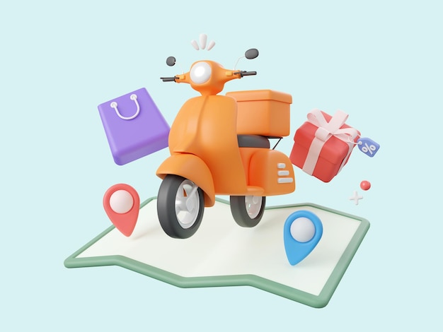 3d cartoon design illustration of delivery service scooter shipping parcel box with pins on map