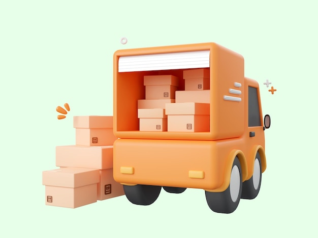 PSD 3d cartoon design illustration of delivery truck service with parcel boxes