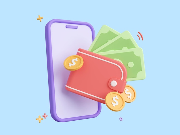 PSD 3d cartoon design illustration of digital wallet and mobile banking application online payments transfer and saving money concept