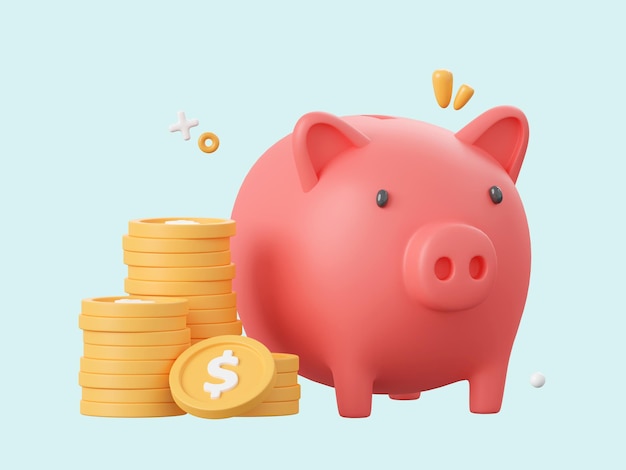 PSD 3d мультфильм дизайн иллюстрации копилки с долларовыми монетами концепция экономии денег