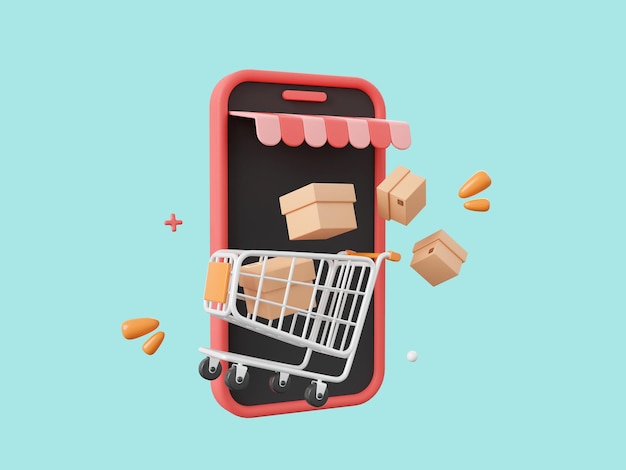 쇼핑 카트와 소포 상자가 있는 스마트폰의 3d 만화 디자인 그림 모바일 개념에서 온라인 쇼핑