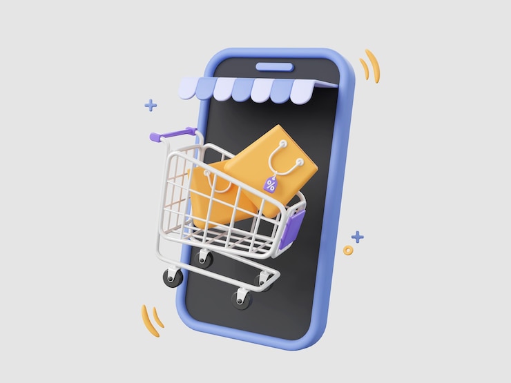 3d cartoon design illustration of Shopping online on mobile concept