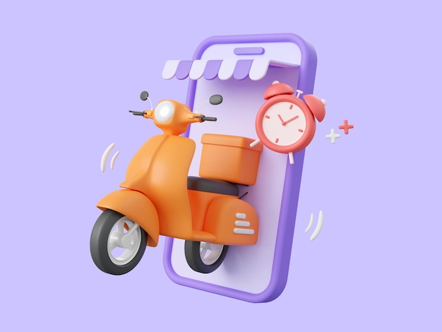 PSD 3d cartoon design illustration of shopping online and ontime delivery by scooter