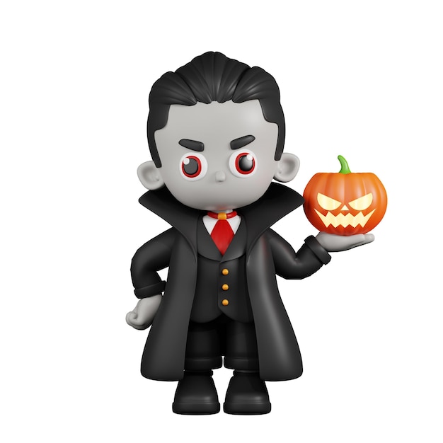 PSD 3d cartoon dracula vampire holding pumpkin with left hands pose