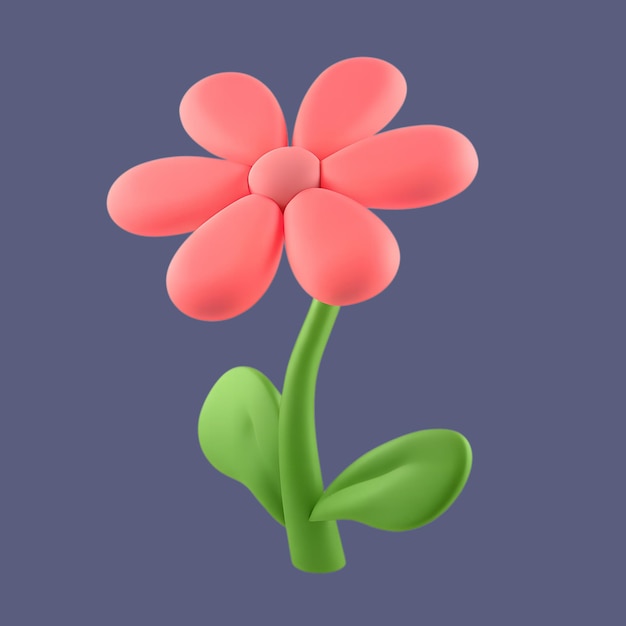 3D Cartoon Flower with Pink Petals and Green Leaves