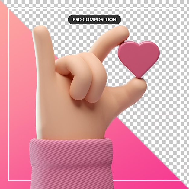 PSD 3d cartoon hand gesture with love heart symbol icon