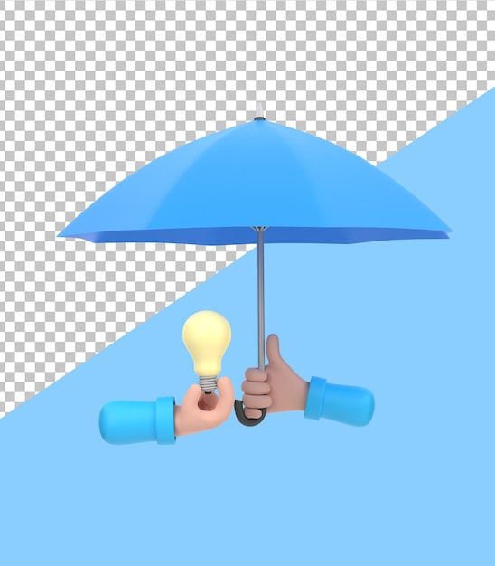 PSD 3d cartoon hand holding blue umbrella to protect light bulb copyright concept