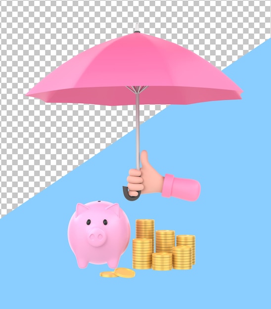 3d cartoon hand holding pink umbrella to protect money illustration for savings concept