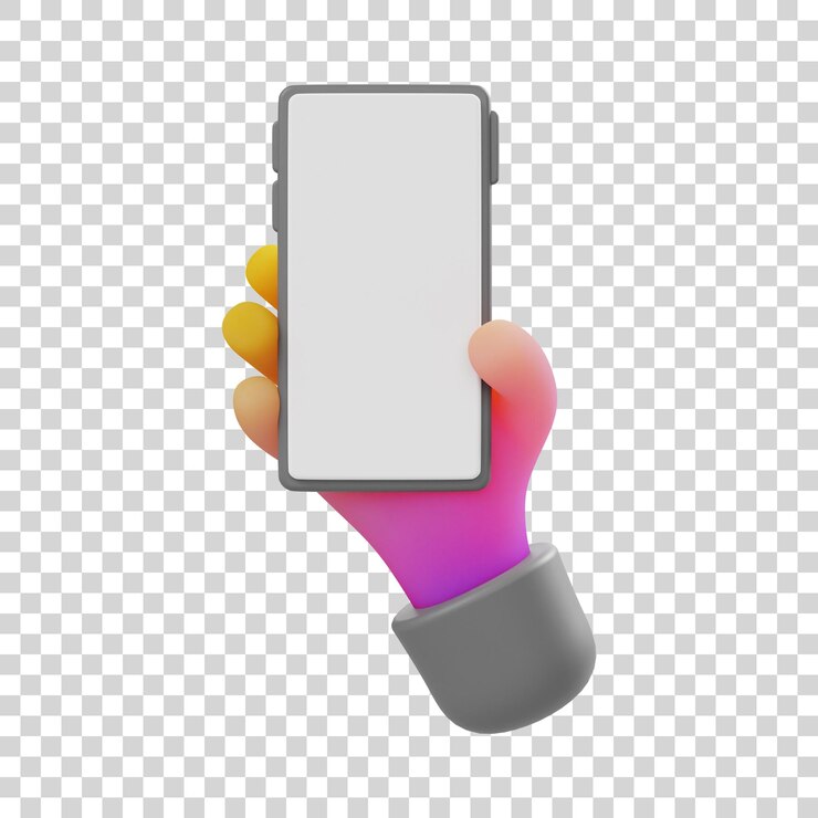 3D cartoon hand holding smartphone isolated on white background, hand with mobile phone mockup.