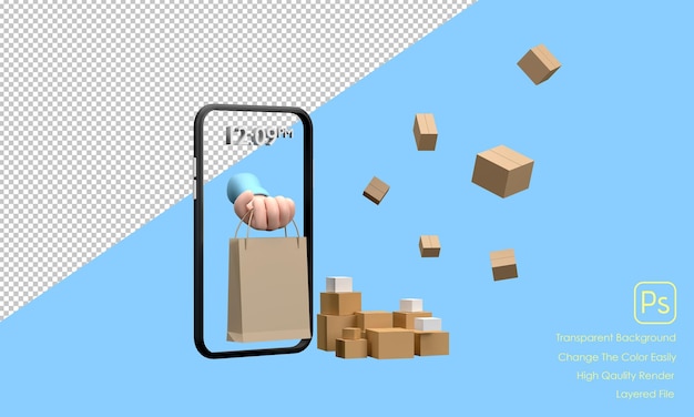 Cartoon 3d mano che tiene lo smartphone verticalmente con la mano che tiene il sacchetto di carta sullo schermo