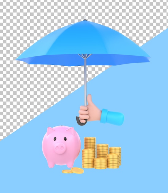3D Cartoon hand met blauwe paraplu om geld illustratie te beschermen voor besparingen concept