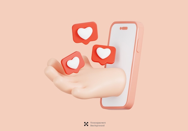 3D cartoon hand met likes of harten symbool uit de mobiele telefoon