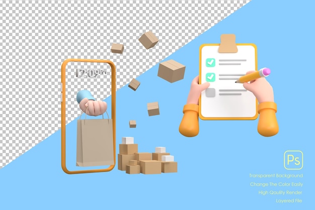 PSD 宅配便の3d漫画の手がチェックされ、クリップボードに手書き