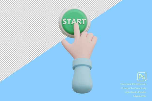 PSD 3d cartoon hand pressing the green button system control xa