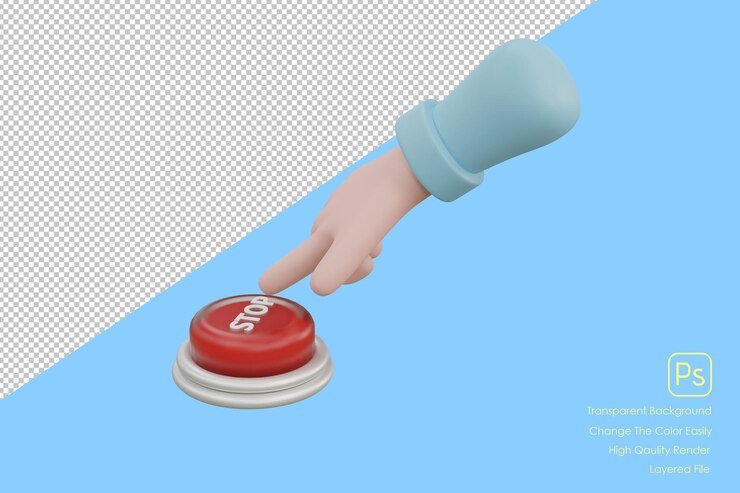 PSD 3d cartoon hand pressing the green button system control xa