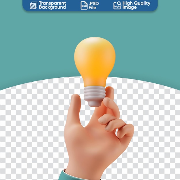 PSD 3d cartoon hand with bulb icon of business solution