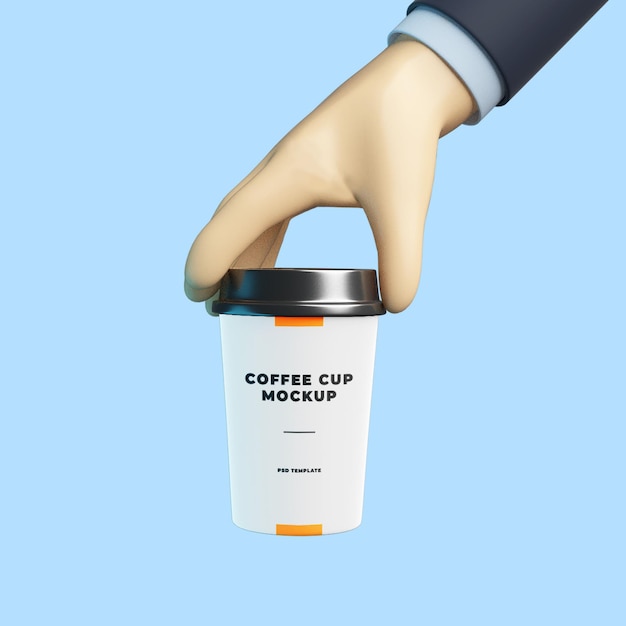 3d cartoon hand with coffee cup mockup