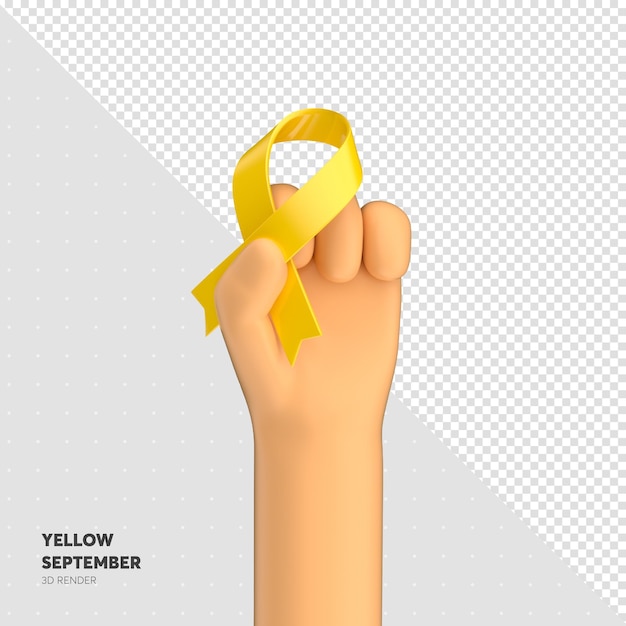 PSD 3d cartoon hand with yellow ribbon for yellow september campaign