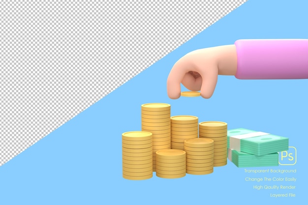 3d cartoon hand zet munt op geld trap geld verdienen voor business en finance concept