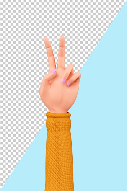 3D cartoon hands show the gesture of peace. Women's hands with a victory gesture. 3d render.