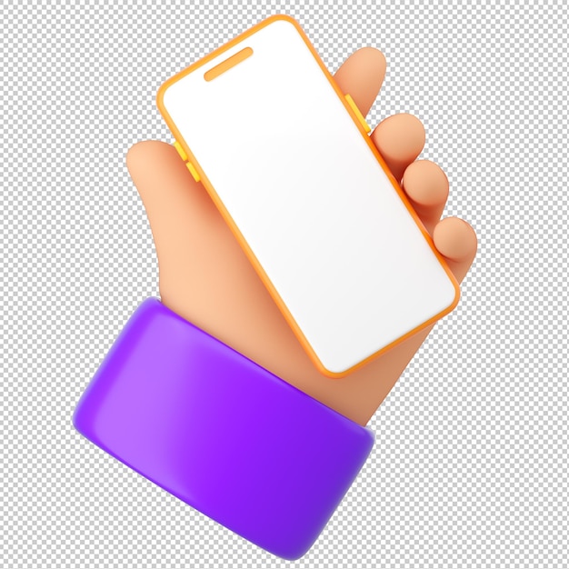 PSD 3d мультфильм человеческая рука держит смартфон. использование концепции телефона. реалистичная 3d визуализация высокого качества