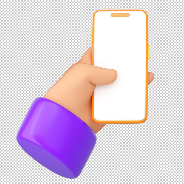 3d cartoon human hand hold smartphone. Using phone concept.