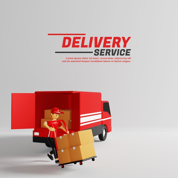 3D-cartoon illustratie bezorgservice koerier klaar om pakketverzending per vrachtwagen te bezorgen