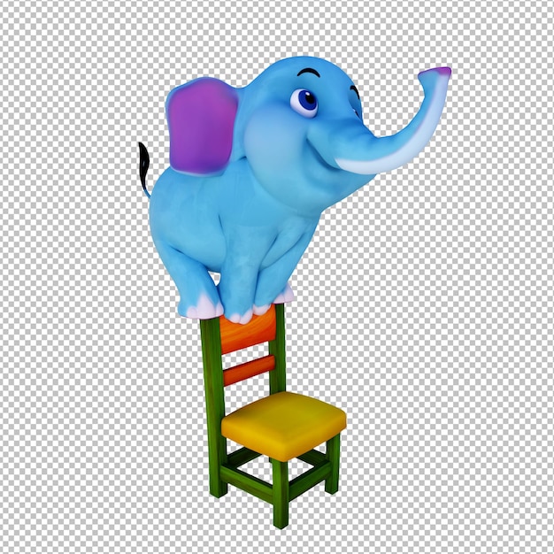 3d cartoon illustratie leuke blauwe baby olifant staande op stoel