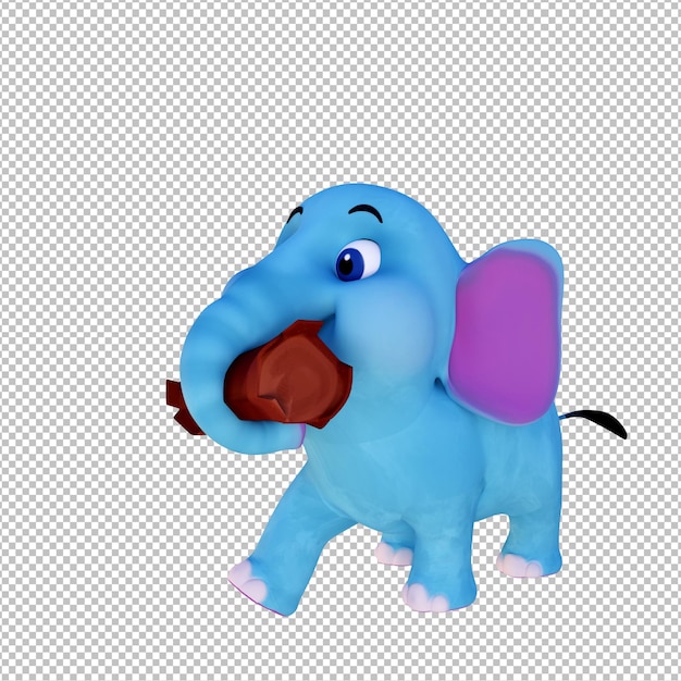 PSD 3d cartoon illustratie schattige kleine olifant wandelen met hout log in trunk