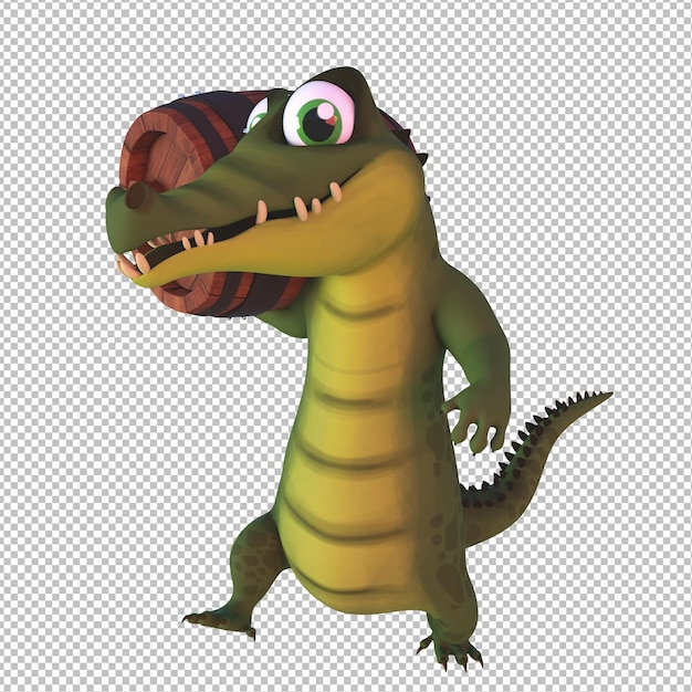 PSD 3d cartoon illustration персонаж крокодила, идущий с бочкой