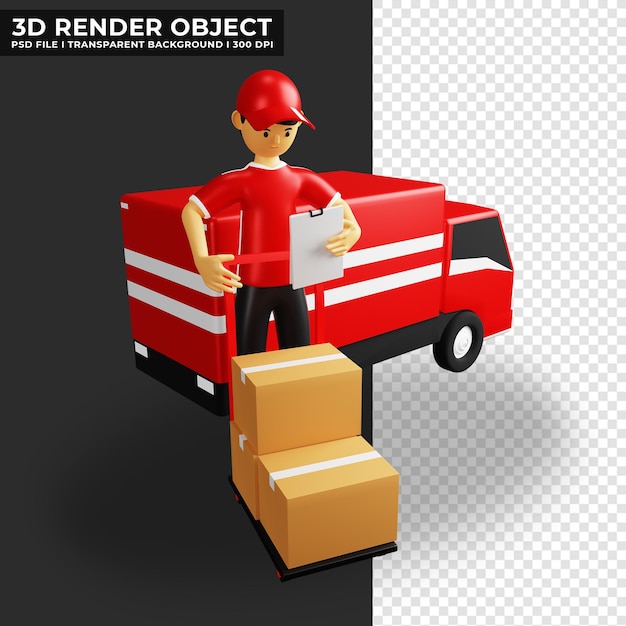 3d cartoon illustration delivery service courier pushing a package trolley on the side of a truck