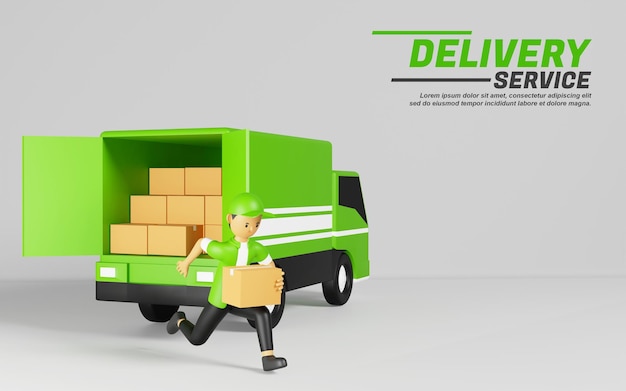 PSD 3d cartoon illustration of delivery service courier ready to deliver parcels by truck