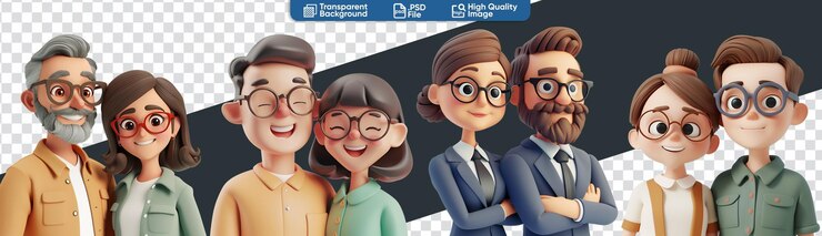 PSD 3d-илюстрация мультфильма "счастливые пары молодого и среднего возраста".