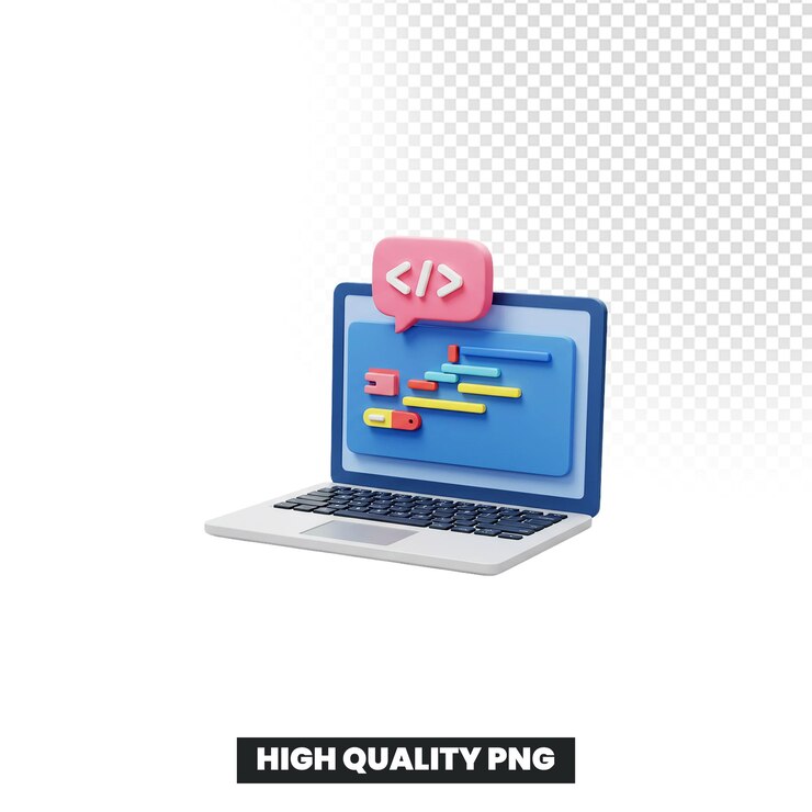 PSD 3d cartoon laptop with coding symbols