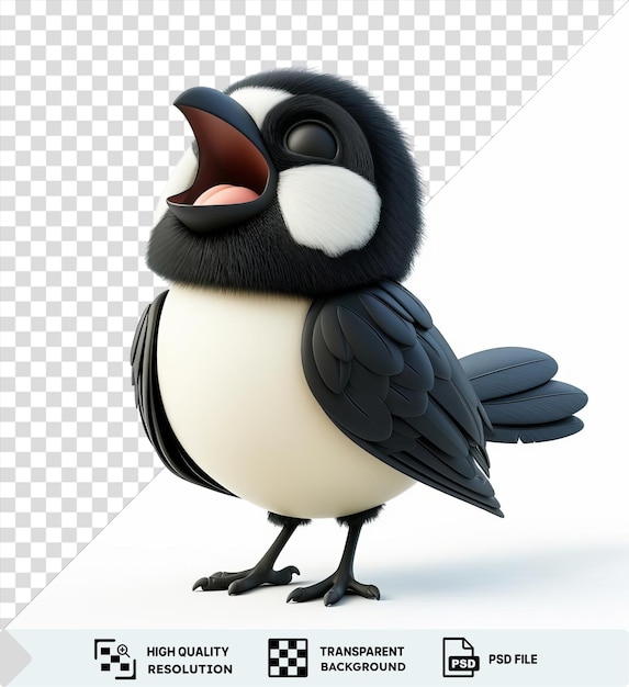 PSD 3d cartoon magpie singing a song featuring a black foot gray and black wing black eye and white and black bird