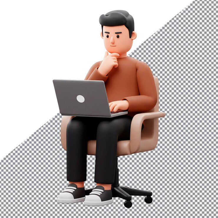 PSD 3d cartoon man thinking while working on a laptop