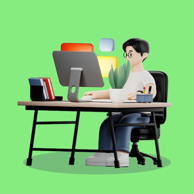 3D Cartoon Man Working at His Desk with Computer
