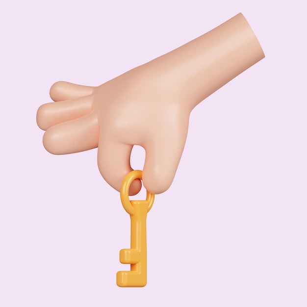 3d cartoon menselijke hand houd sleutel icoon geïsoleerd op roze achtergrond 3d rendering illustratie Clipping pad
