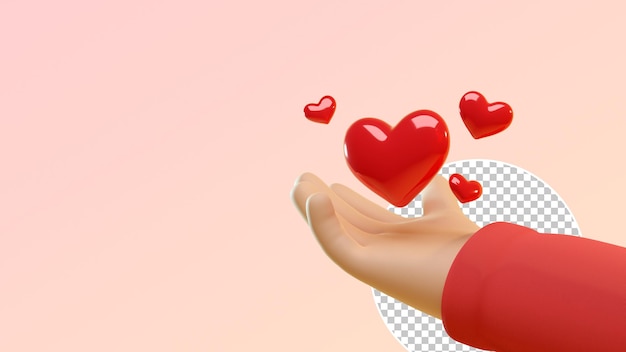 3d cartoon open hand gesture with big red hearts love shape