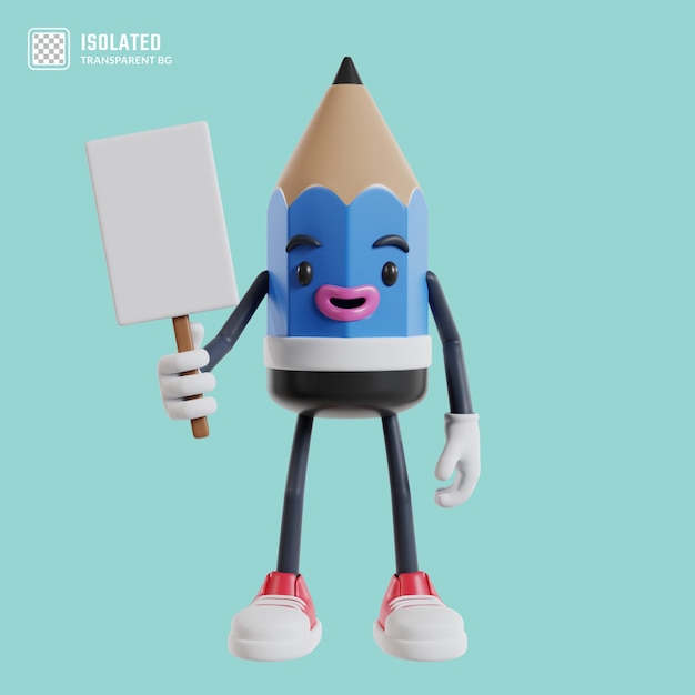 3d cartoon pencil character standing holding white paper placard with right hand