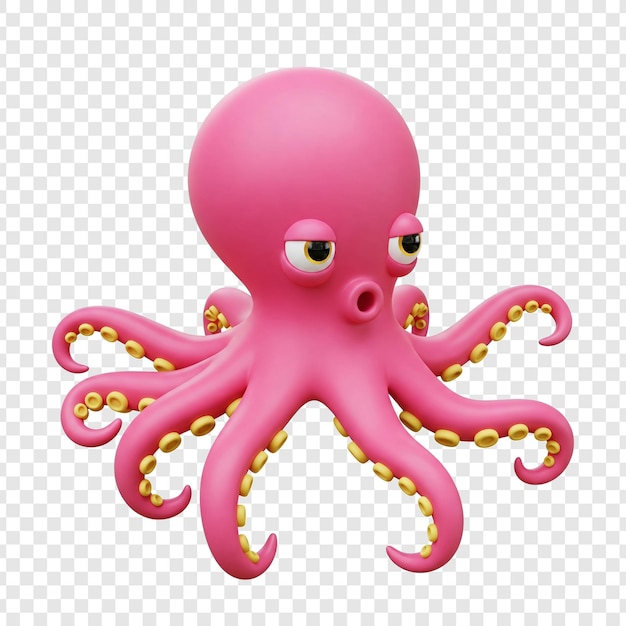 3D Cartoon Pink Octopus with Golden Accents on transparent background