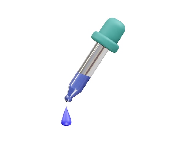 3D cartoon pipette with a drop of blue liquid