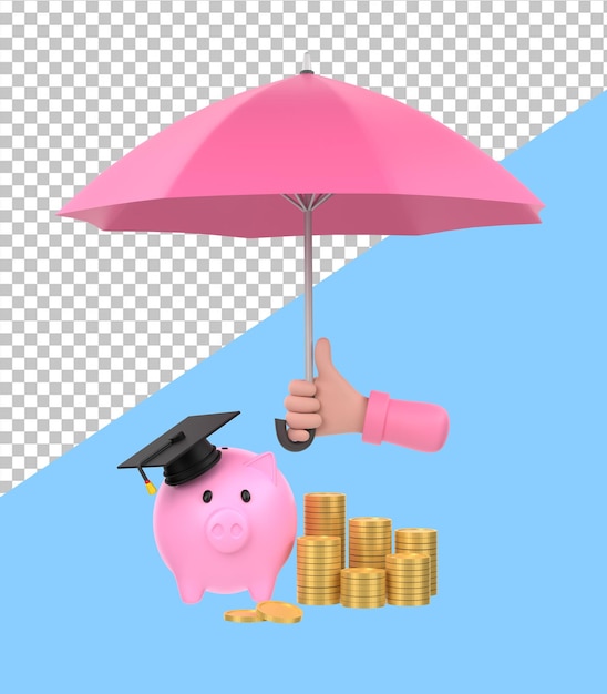 3D Cartoon ręka trzymająca różowy parasol w celu ochrony koncepcji planu edukacji skarbonki i pieniędzy