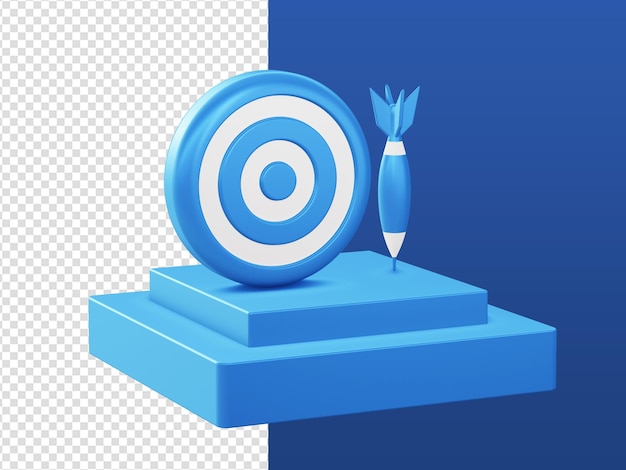 PSD 3d cartoon render blauwe dartbord doelpictogrammen met podium voor ui ux web mobiele apps advertenties ontwerpen