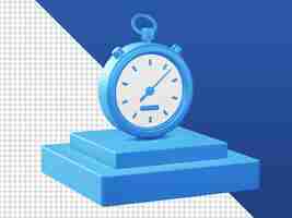 PSD 3d cartoon render blauwe stopwatch timer klok pictogrammen met podium voor ui ux web mobiele apps ontwerpen