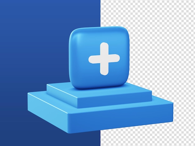 3d 만화 렌더링 파란색은 Ui Ux 웹 모바일 앱 광고 디자인을 위한 연단이 있는 플러스 아이콘을 추가합니다.