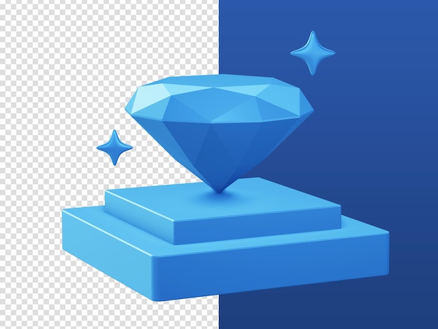 PSD 3d cartoon render blue diamond wealth money icons with podium for ui ux web mobile apps ads designs