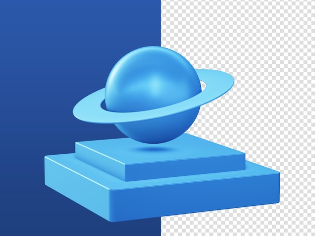 3d 만화는 Ui Ux 웹 모바일 앱 광고 디자인을 위한 연단이 있는 파란색 은하 공간 행성 아이콘을 렌더링합니다.