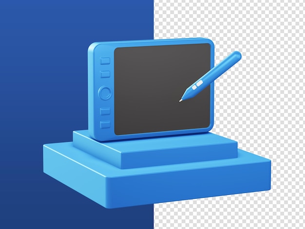 3d 만화는 UI UX 웹 모바일 앱 디자인을 위한 연단이 있는 파란색 그래픽 디자인 펜 태블릿 아이콘을 렌더링합니다.